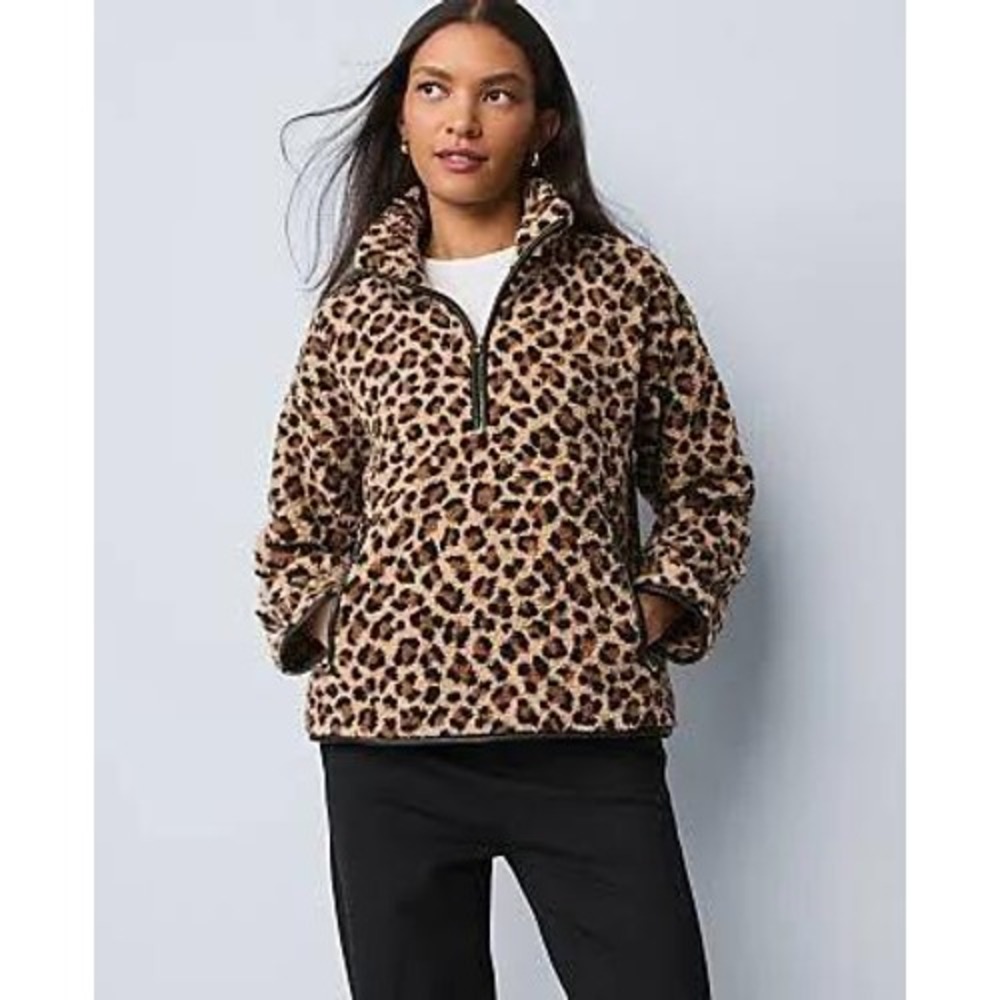 Ann Taylor Weekend Leopard Sherpa Half Zip Pullover XL Brown Animal Print